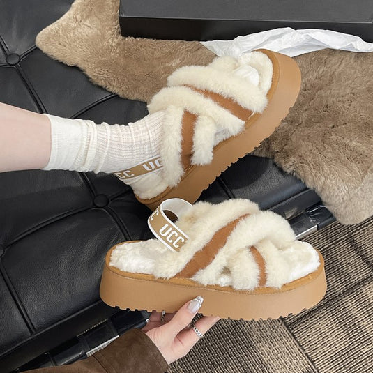 Winter 2024 Fuzzy Cross-Strap Platform Slippers – Cozy Outdoor Faux Fur Sandals for Women