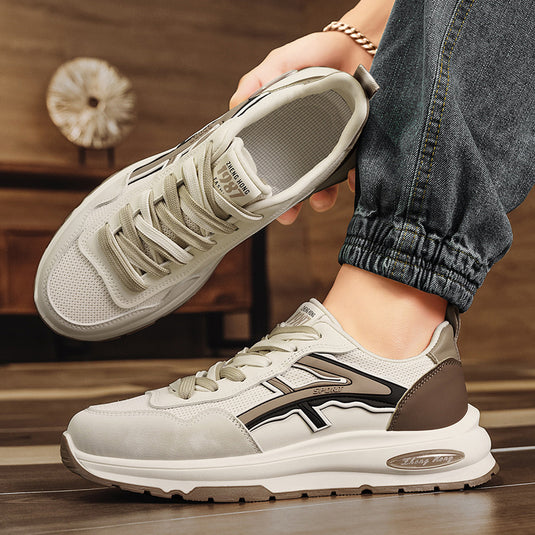 Trendy Youth Low-Top Leather Sneakers: Thick-Soled, Color-Block Lace-Up Running Shoes