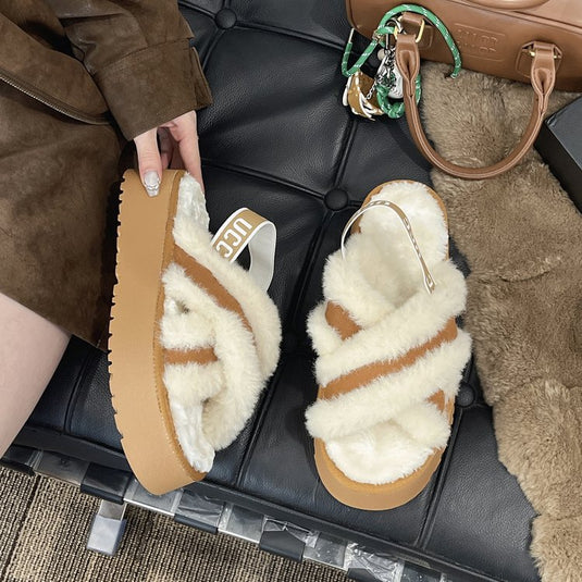 Winter 2024 Fuzzy Cross-Strap Platform Slippers – Cozy Outdoor Faux Fur Sandals for Women