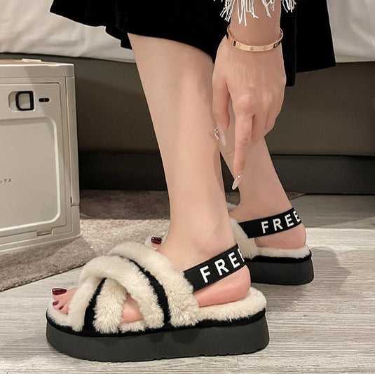 Winter 2024 Fuzzy Cross-Strap Platform Slippers – Cozy Outdoor Faux Fur Sandals for Women